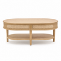 Table basse ovale bohème cannage naturel et bois clair 110x55x40 cm