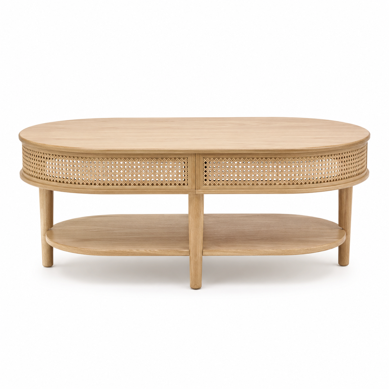 Table basse ovale bohème cannage naturel et bois clair 110x55x40 cm
