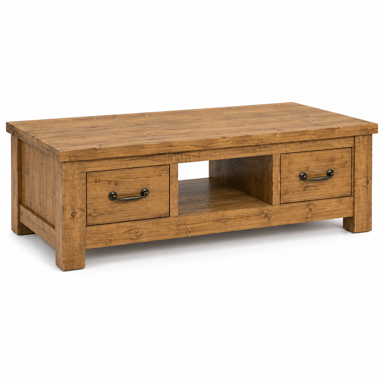 Table basse rustique chêne miel avec deux tiroirs 120x65x45 cm