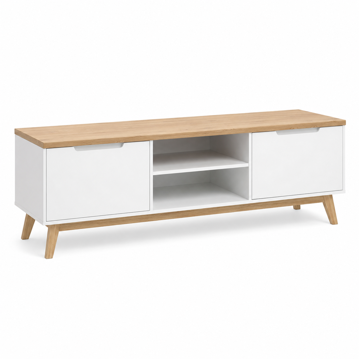Meuble TV scandinave blanc et bois clair 140x40x48 cm