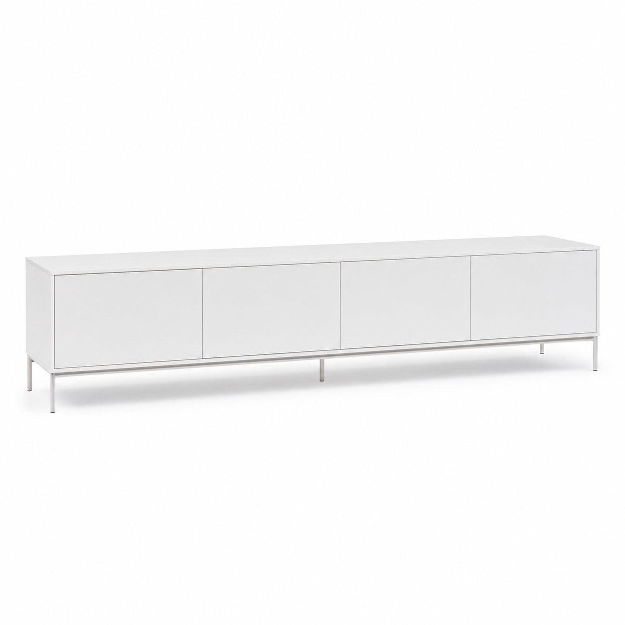 Meuble TV contemporain blanc mat sur pieds fins 200x42x50 cm