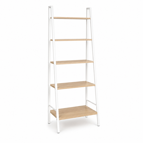 Bibliothèque échelle bois clair et métal blanc 70x35x175 cm