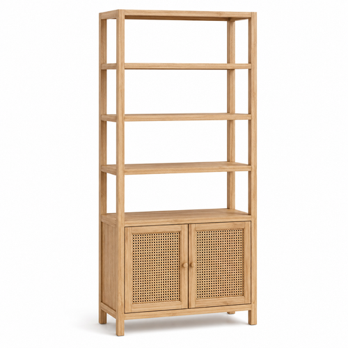 Bibliothèque cannage naturel avec placard bas 85x38x185 cm