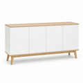 Buffet scandinave blanc et bois clair quatre portes 160x40x82 cm