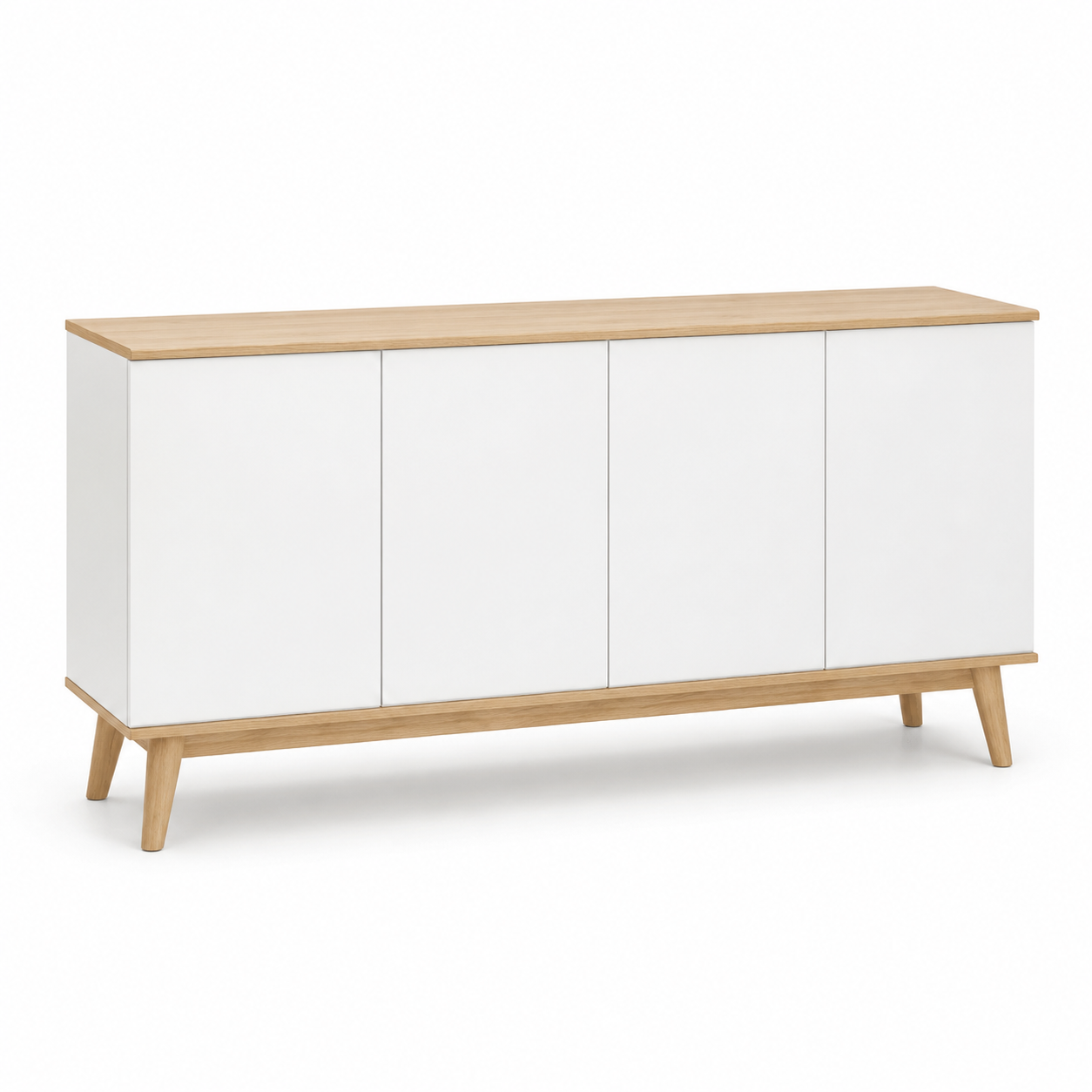 Buffet scandinave blanc et bois clair quatre portes 160x40x82 cm