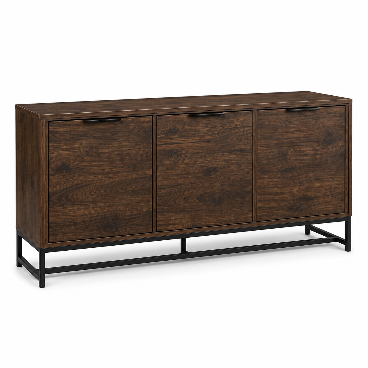 Buffet noyer foncé et métal noir trois portes 150x40x85 cm