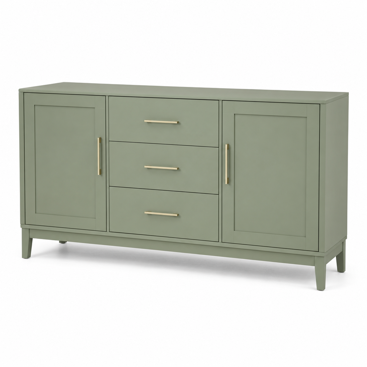 Buffet vert sauge à deux portes et trois tiroirs 160x42x85 cm