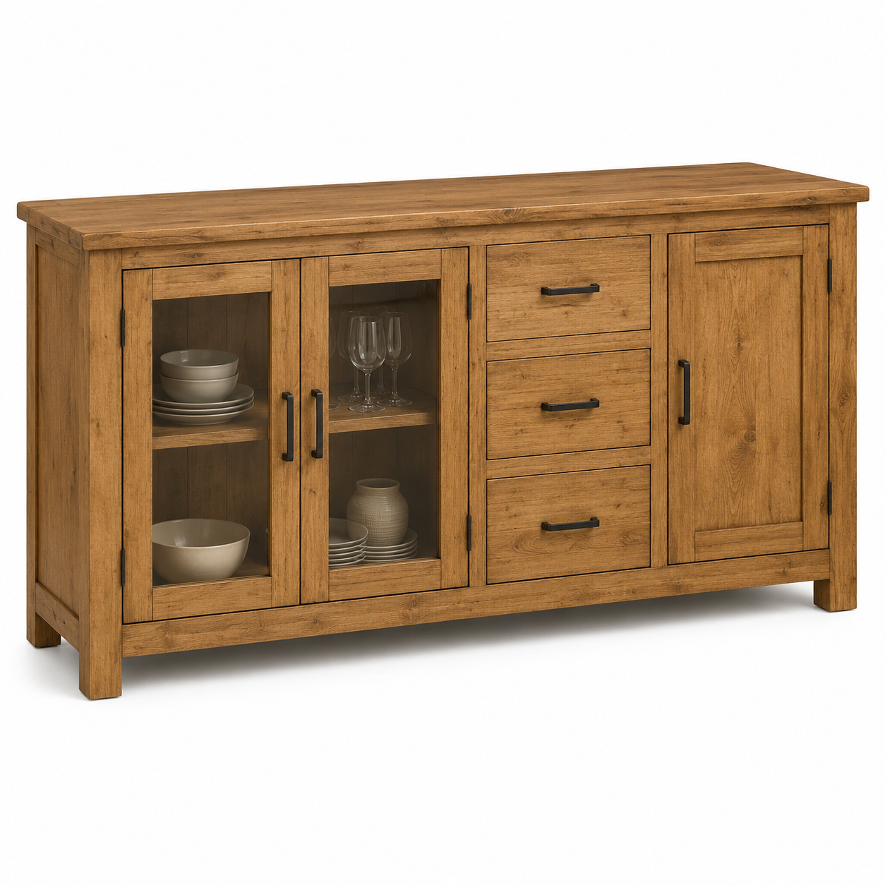 Buffet chêne miel avec portes vitrées 150x40x90 cm