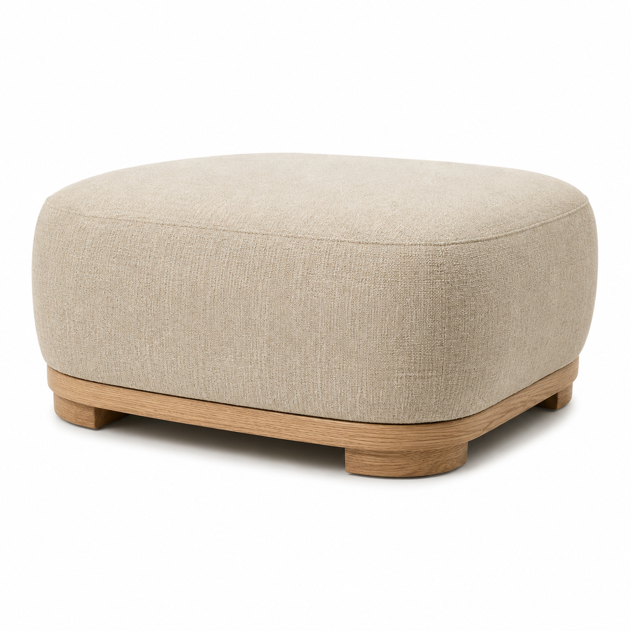 Pouf Japandi beige sable avec base bois clair 70x50x42 cm